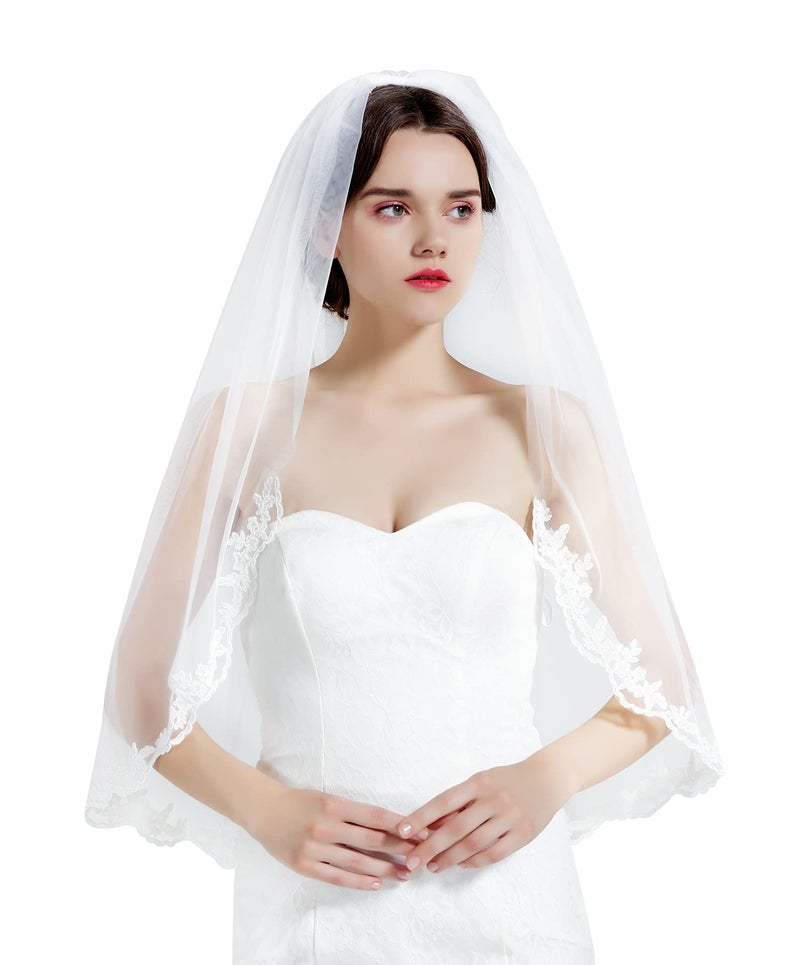 BEAUTELICATE Wedding Bridal Veil with Comb 1 Tier Lace Applique Edge Fingertip Length - Image 1